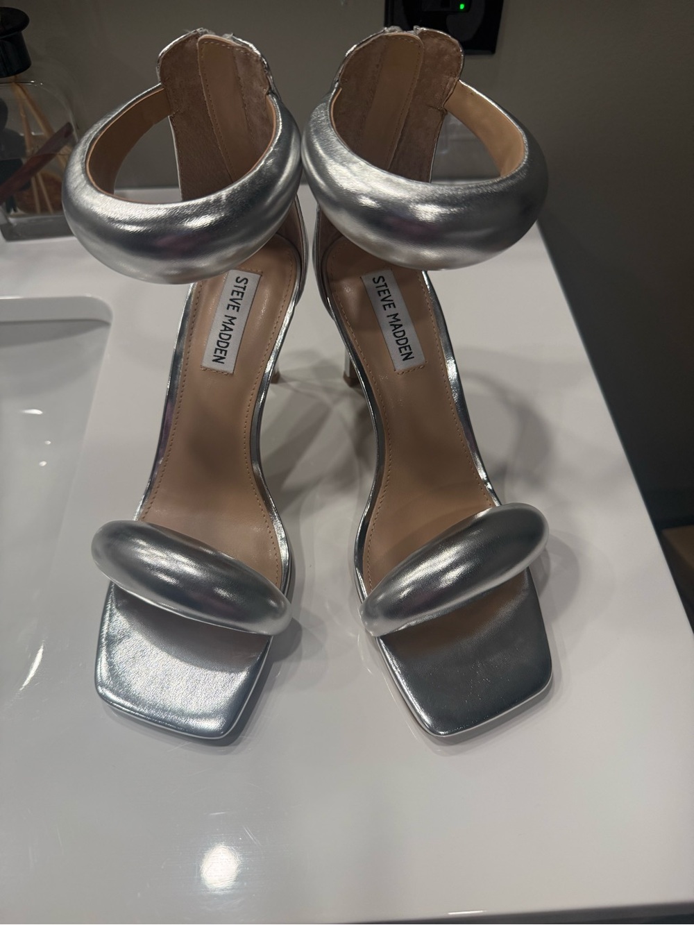 Steve Madden Metallic Silver Open Square-Toe Heels